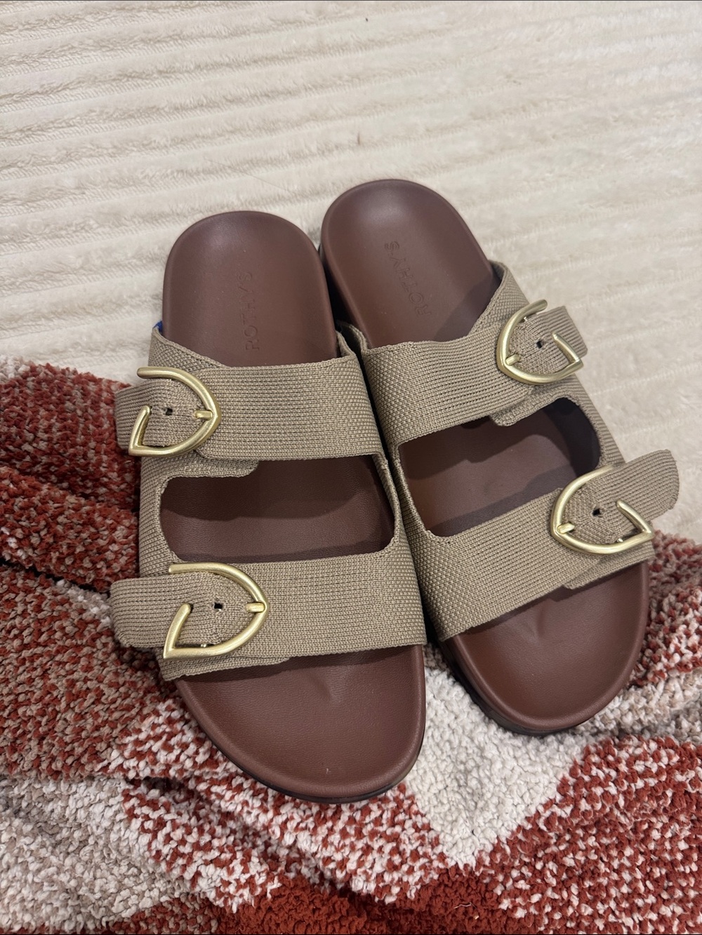 Rothy's Tan Double-Strap Slide Sandals with Gold Buckles